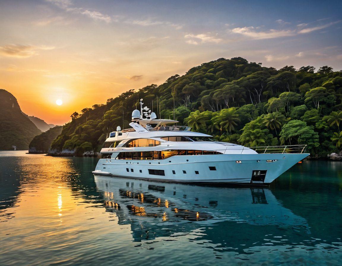 A serene yacht anchored in crystal clear blue waters, surrounded by lush green islands, reflecting the essence of luxury and tranquility. The yacht is adorned with protective covers symbolizing coverage and liability, illustrated through shields and safety symbols floating above. The sun sets in the background, casting a golden hue over the scene, suggesting protection and warmth. Include a subtle checklist or document symbol in the corner to represent thorough coverage details. vibrant colors. super-realistic.