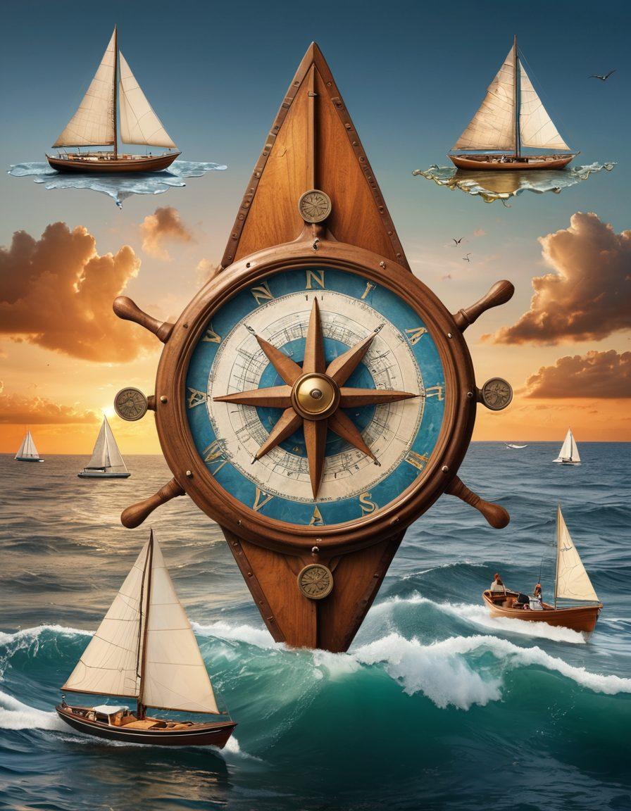 A conceptual collage depicting various watercraft such as sailboats, motorboats, and kayaks navigating through a stylized ocean, with nautical charts and insurance papers artistically intertwined around them. Include compass roses, anchors, and waves to represent navigation and safety. The background features a serene sky transitioning from dawn to dusk, symbolizing the journey of understanding. Include elements of trust and protection, like a shield graphic overlay. vibrant colors. super-realistic.